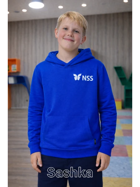 Худі для хлопчика кольору синій електрик з логотипом школи NSS, розмір 116-164